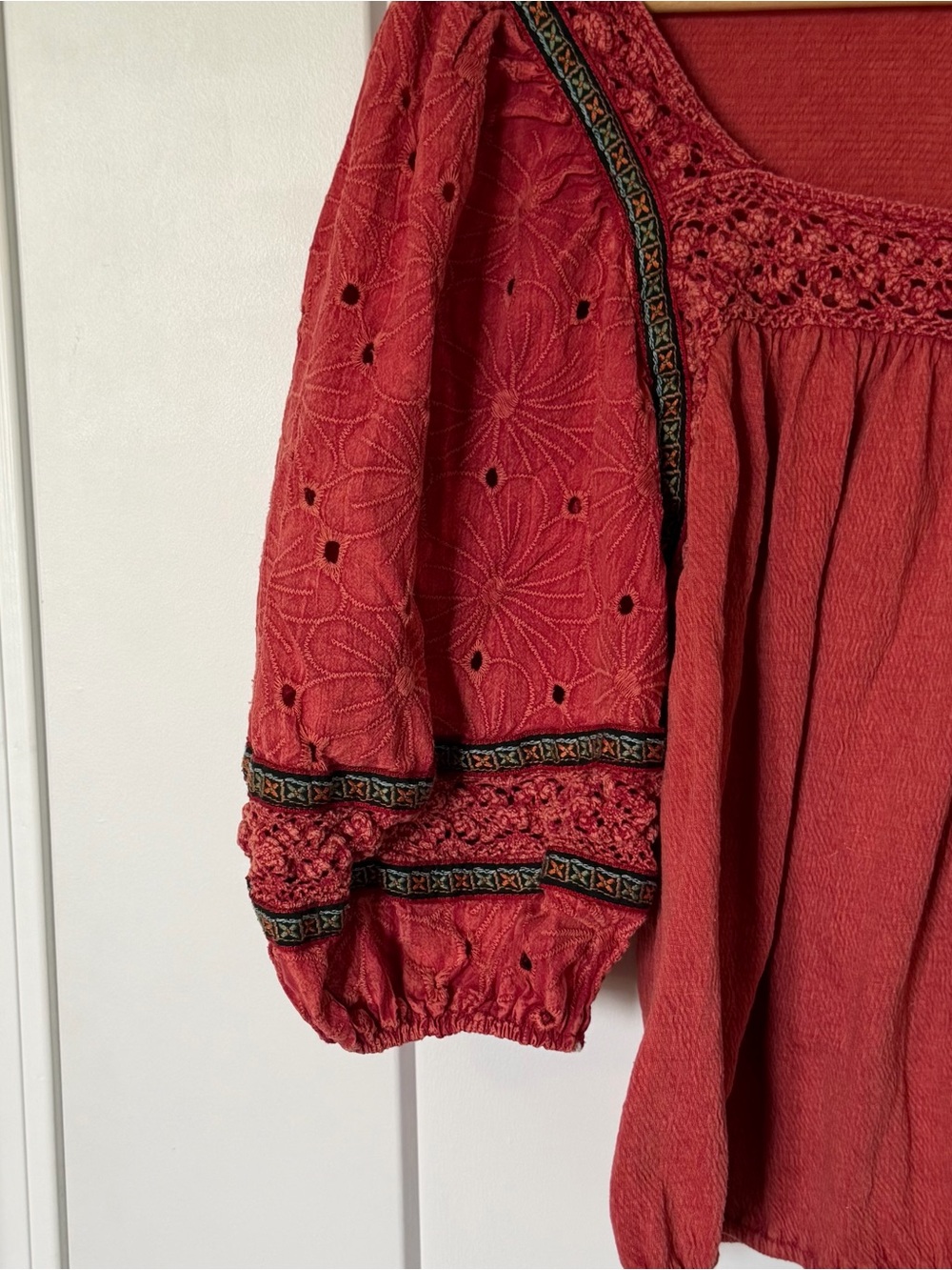 Gimmicks Women’s Pink Red Boho Peasant Top Square Neck 3/4 Sleeve Small - Picture 3 of 9